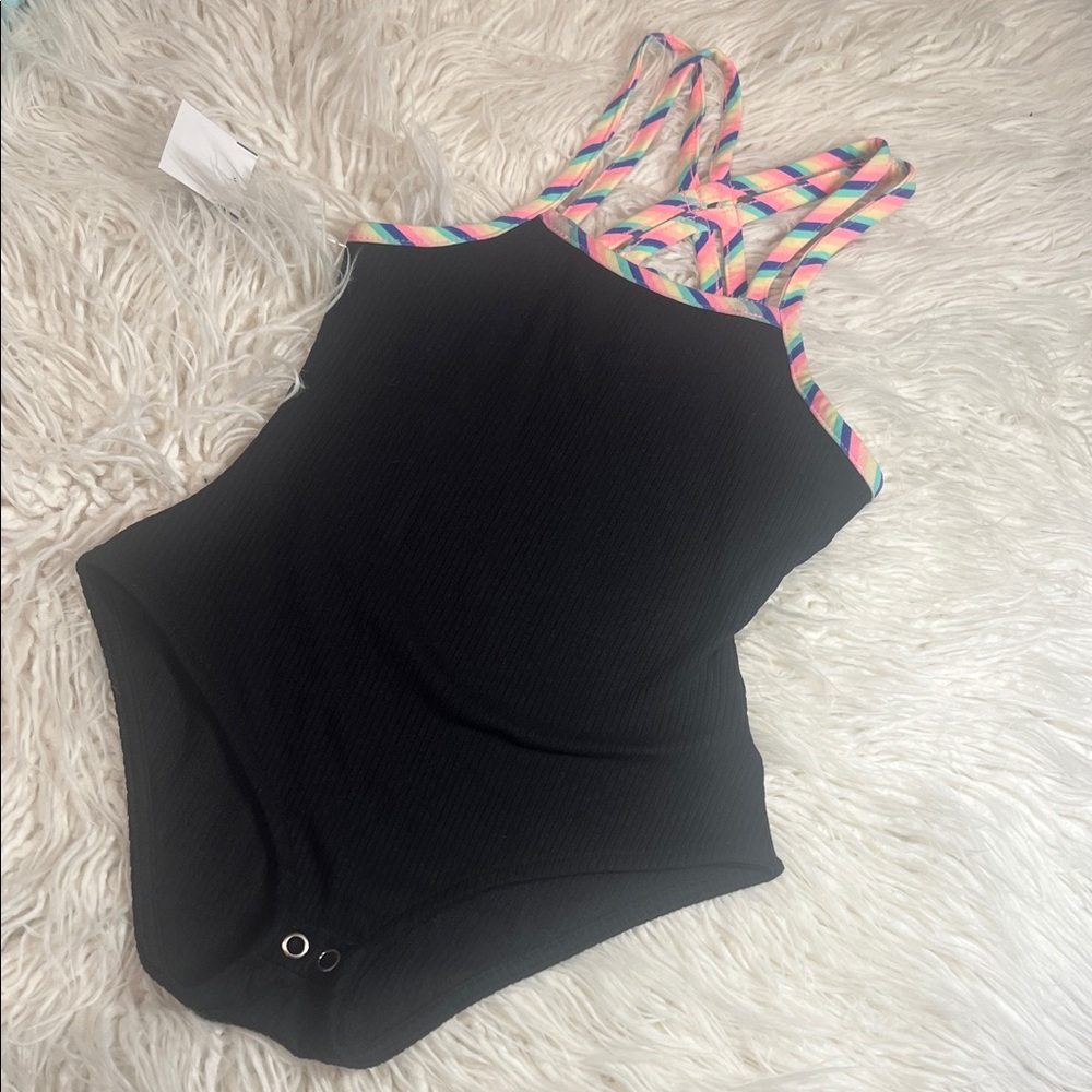 Epic Threads Black Bodysuit with Colorful Straps